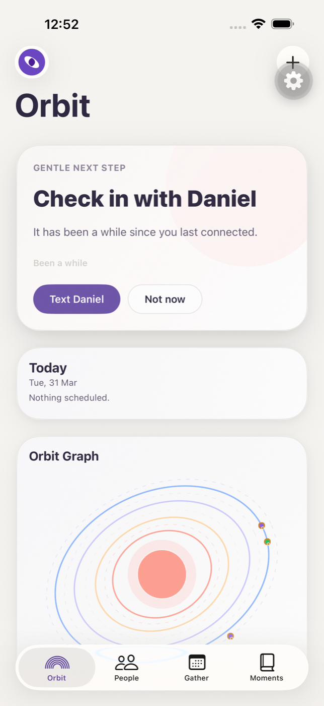 Orbit home screen showing a gentle next step and orbit graph.