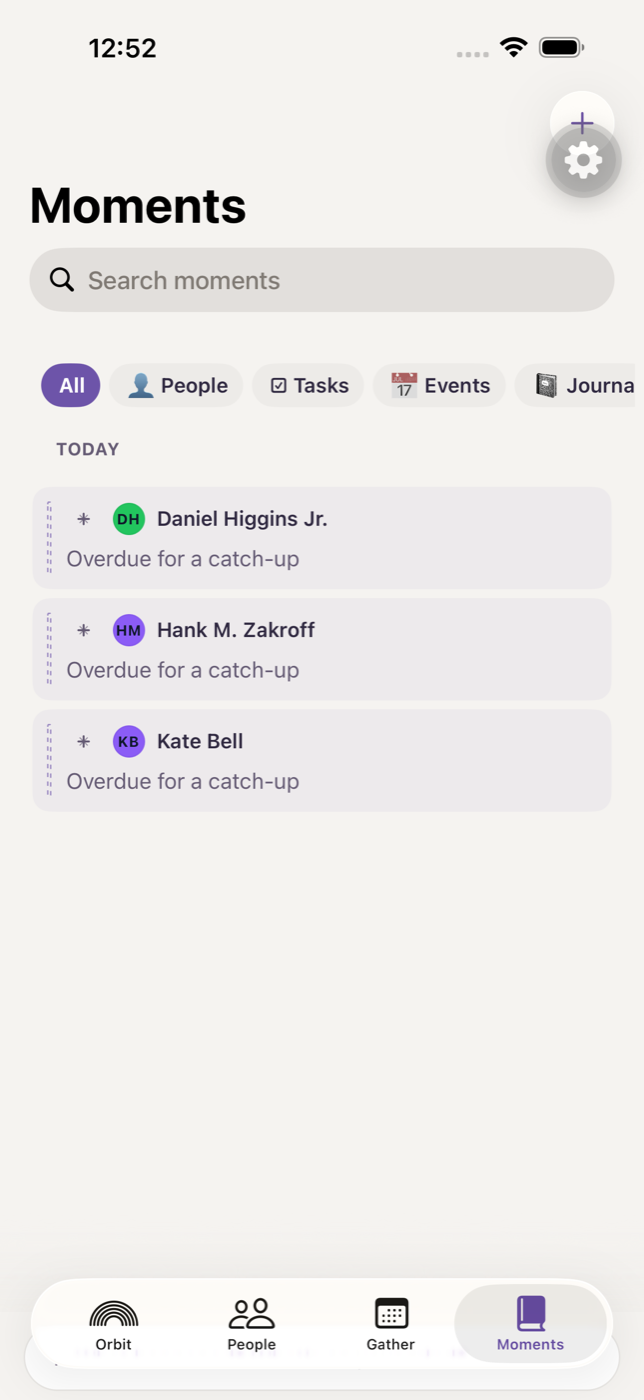 Orbit moments screen showing private relationship memories.