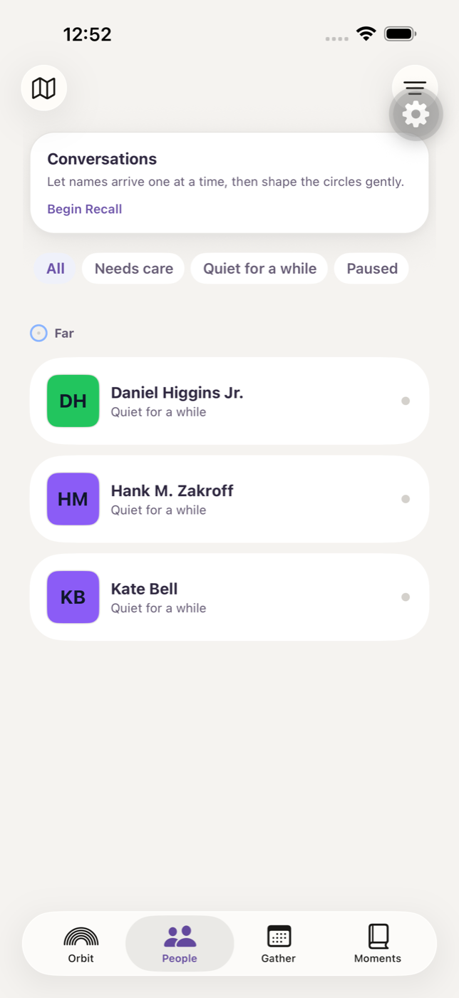 Orbit people screen showing relationship circles and care states.
