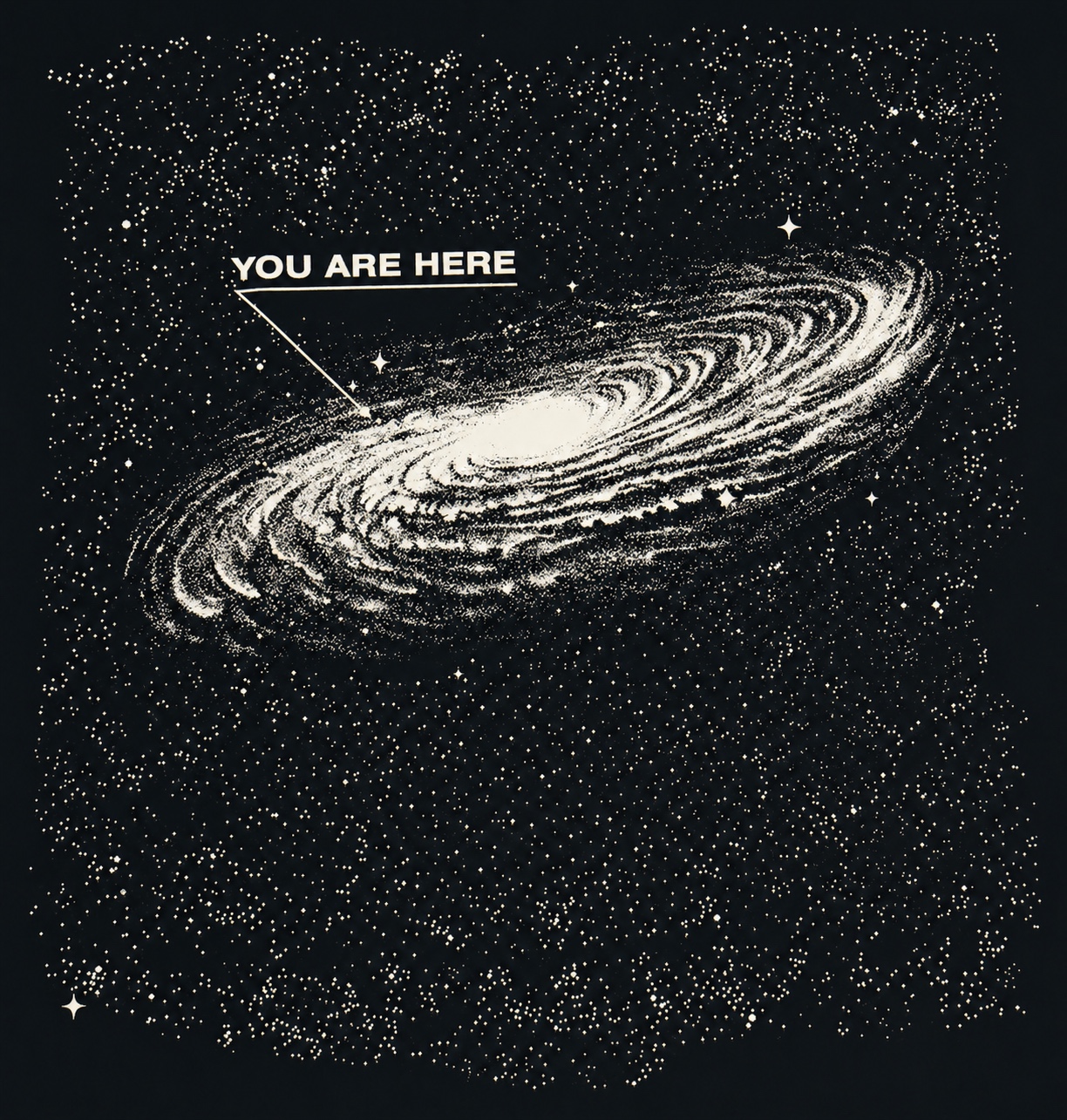 Vintage galaxy plate with a label pointing into the stars that reads, You are here.